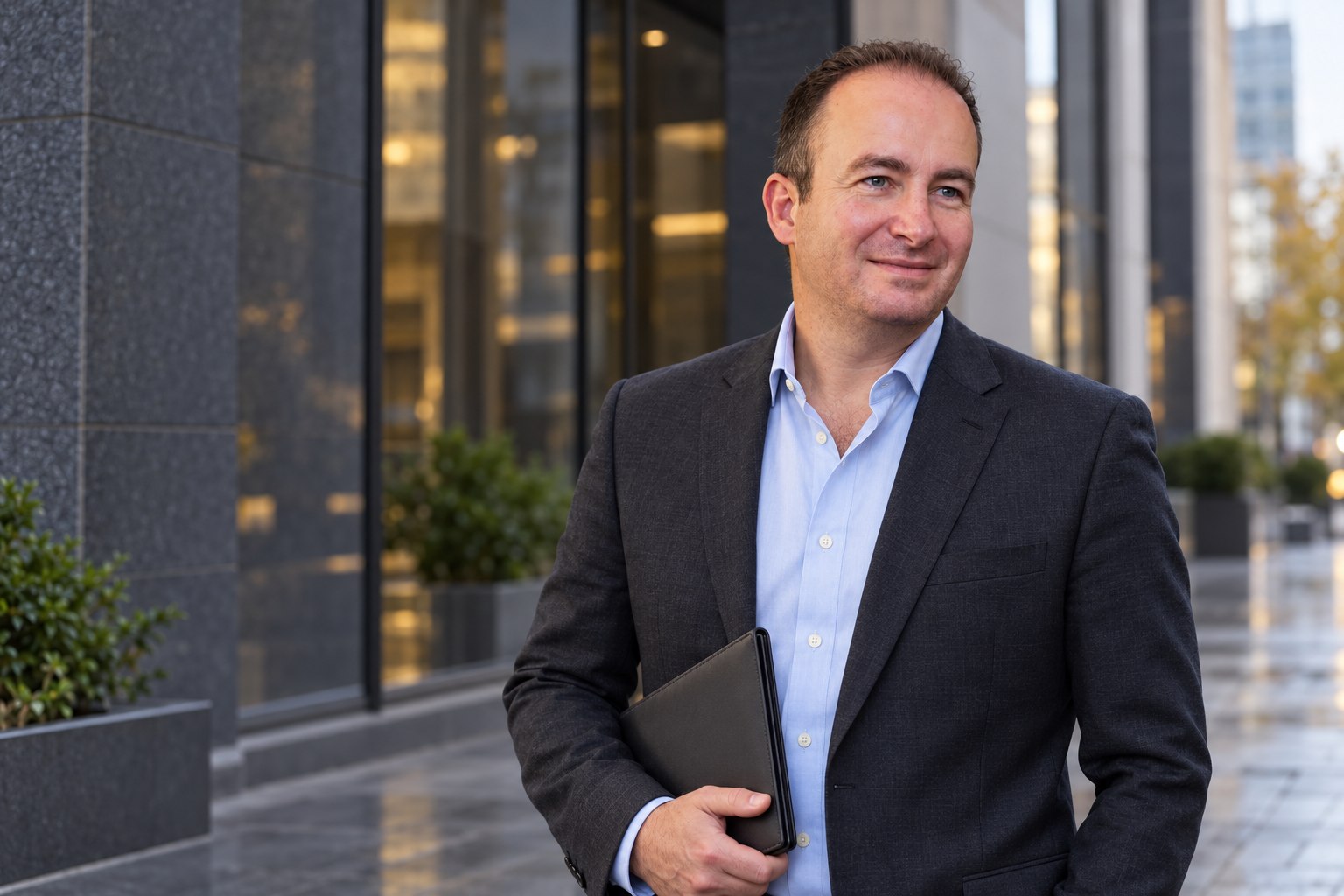 Illustrative portrait of Pat Mazza outside a commercial building with a document folio